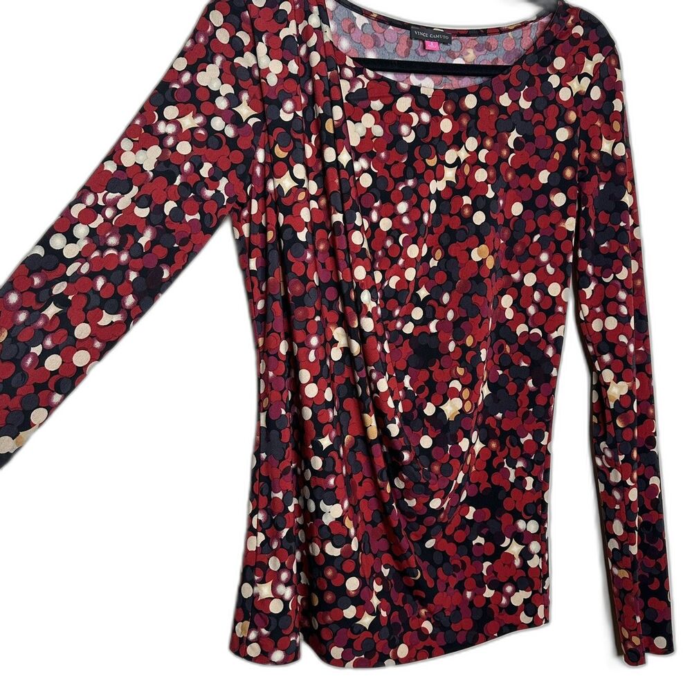 Vince Camuto Red Black Tan Polka Dot Faux Wrap Long Sleeve Blouse Top Women's S